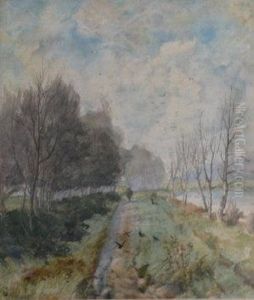 Figure Walking Along A River With Trees by Theodore Rousseau