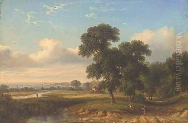 Figures on a wooded track, a river beyond - view 1