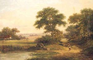 A Boy Fishing By A Pond With A Figure On A Wooded Path, A Cottage Beyond by Walter Heath Williams