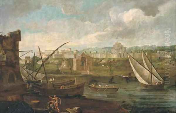 A capriccio of a riverside landscape with shipping and figures on the shore, a fortified palace beyond - view 1