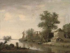 A landscape with houses by a river and figures in boats by Jan Wils