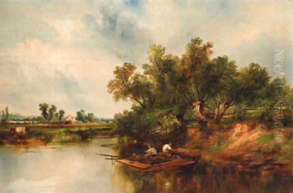 Anglers on a barge in a river landscape - view 1