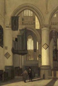 The interior of a church with townsfolk in the foreground