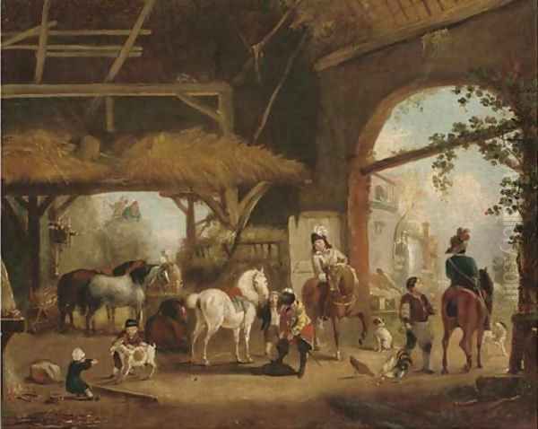 A hunting party setting out from a barn - view 1