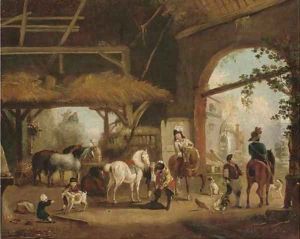 A hunting party setting out from a barn by Philips Wouverman