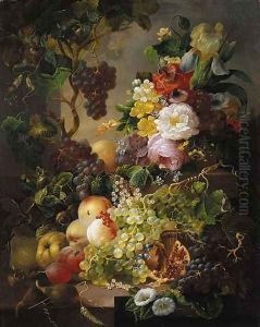 A still life with fruit and flowers amongst vines on a ledge
