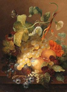A Still life with grapes, plums, peaches and boysenberries by Jan Van Der Waarden