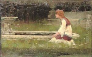 Girl kneeling by fountain by John William Waterhouse