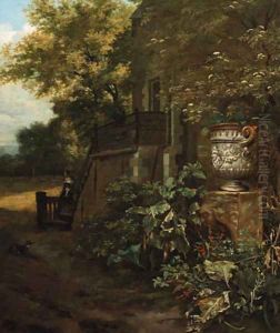 A couple on a stairway outside a mansion by a classical vase A couple on a stairway outside a mansion by a classical vase