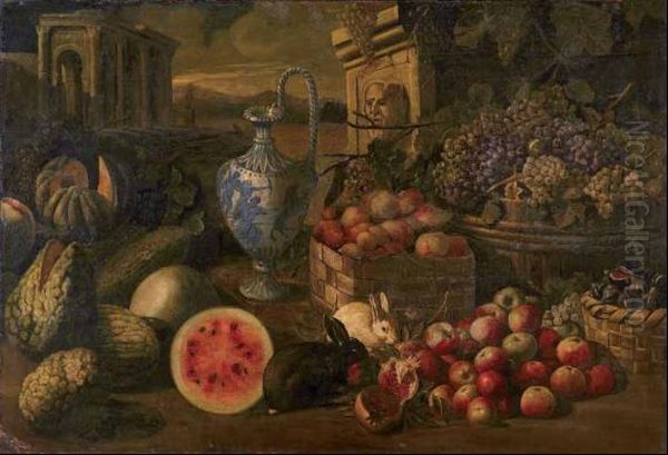 Meloni, Anguria, Uva, Mele, Melograno, Cestino Di Fichi, Cesto Di Pesche - view 1