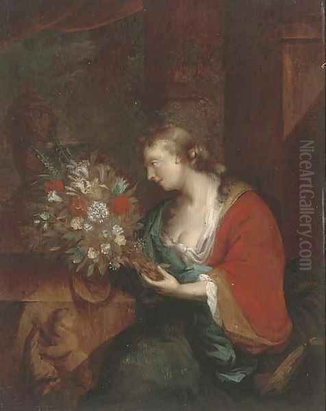Portrait of a lady with a bunch of mixed flowers - view 1