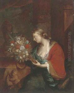 Portrait of a lady with a bunch of mixed flowers