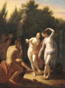 Two nymphs dancing in a garden before an audience