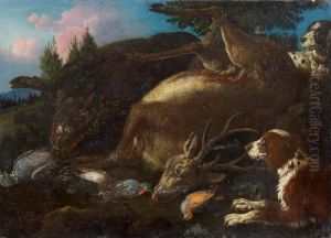 Hunt Scene With Dead Red Deer, Wild Boar And Songbirds by Carl Borromaus Andreas Ruthart