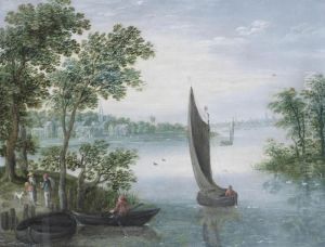An Extensive River Landscape, With A Figure In A Ferry And Others On The Shore thumbnail