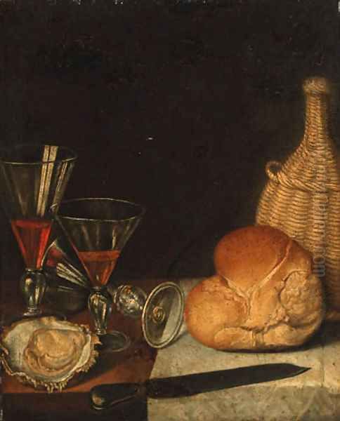 Wine glasses, an oyster, a loaf of bread, a wine bottle and a knife on a partially draped table - view 1