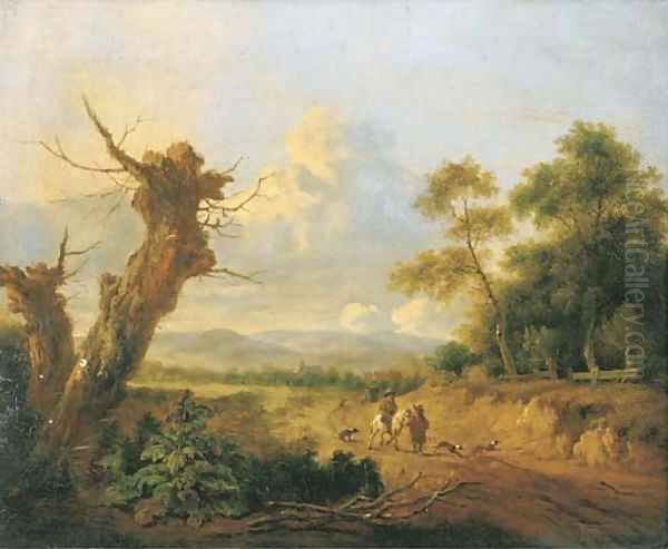 A dune landscape with sportsmen on a path by a wood - view 1