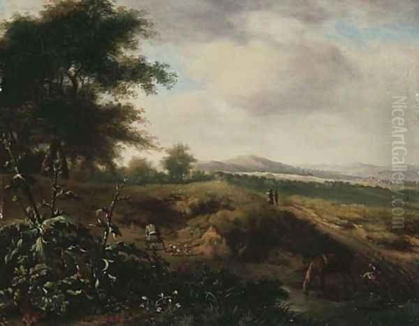 An extensive landscape with a sportsman and his dog at the edge of a wood - view 1