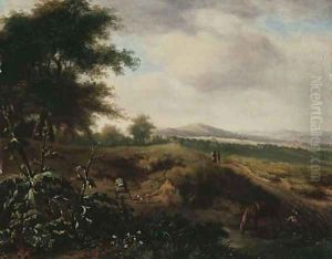 An extensive landscape with a sportsman and his dog at the edge of a wood by Jan Wijnants