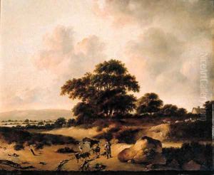 A cowherd leading cattle on a sandy track in the dunes by Jan Wijnants