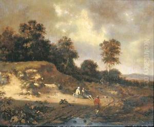 A dune landscape with travellers and a couple resting on a path by Jan Wijnants