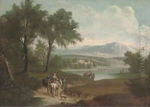 An extensive landscape with a hunting party on a track and fishermen by a lake, a country house beyond - view 1