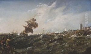 A Stormy Seascape With Figures And Boats by William II Sadler