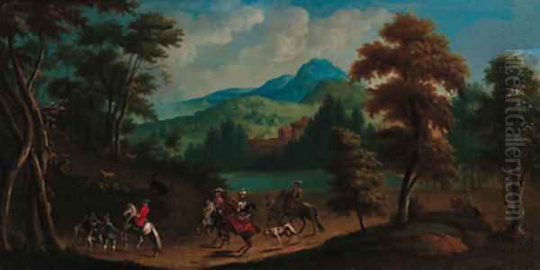 A hunting party in an extensive river landscape - view 1