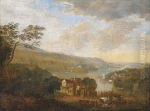 A River Landscape With A Traveller And His Horse On A Track And Fishermen In Their Boats A River Landscape With A Traveller And His Horse On A Track And Fishermen In Their Boats