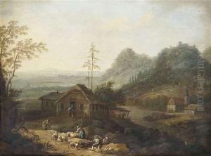 Weite Flusslandschaft Mit Hirten An Einem Gehoft Im Vordergrund