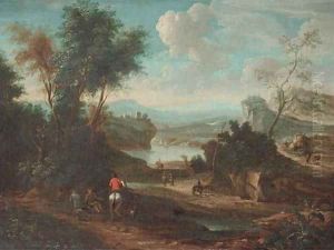 A landscape with horsemen and other travellers on a track