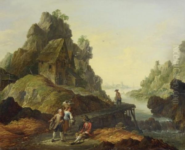 River Landscape With Anglers On A Walkway - view 1