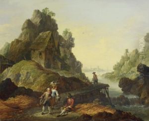 River Landscape With Anglers On A Walkway