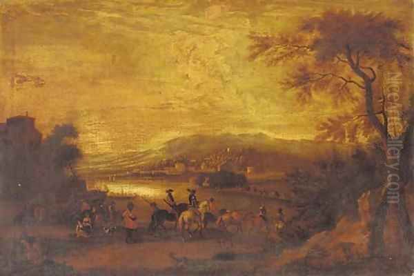 Cavalrymen approaching a riverside town - view 1