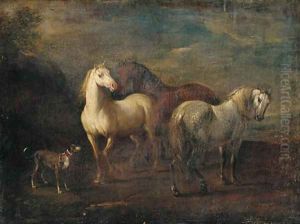 Three horses and a dog in a landscape by Jan Wyck