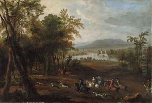 A stag hunt in a wooded landscape, with a mansion beside a river beyond