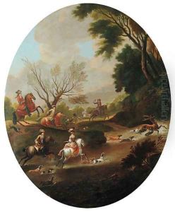 A stag hunt in a wooded river landscape