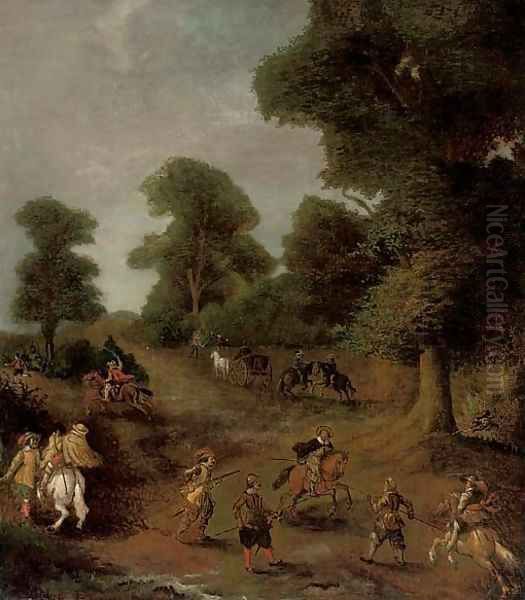 A wooded landscape with travellers under siege - view 1