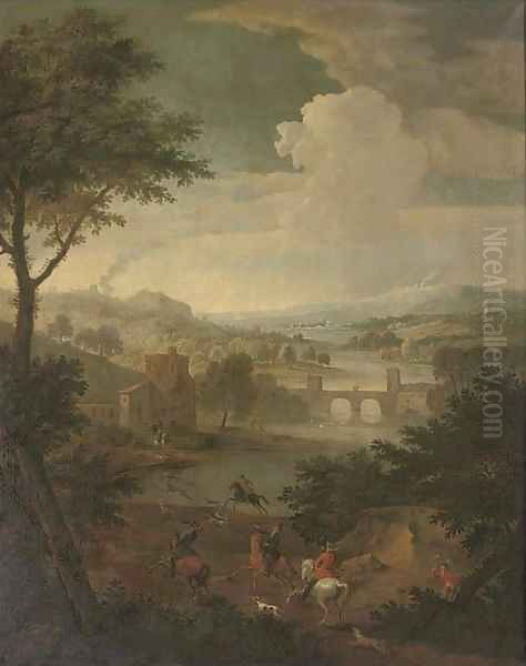 An extensive wooded river landscape with a stag hunt, a bridge beyond - view 1