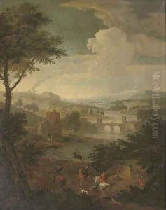 An extensive wooded river landscape with a stag hunt, a bridge beyond