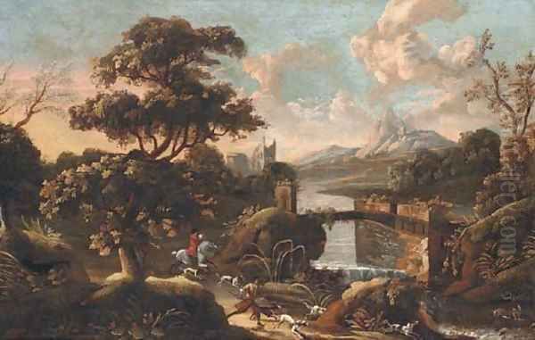 An extensive Italianate landscape with a stag hunt in the foreground - view 1
