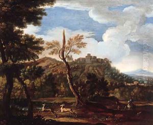 An extensive landscape with a deer hunt by Jan Wyck