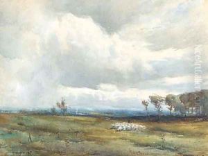 A shepherd tending his flock before an approaching storm by David West