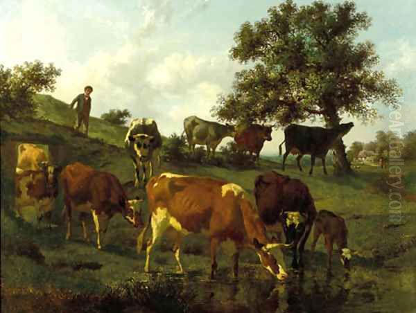 A hilly landscape with a herdsboy and cows drinking by a brook - view 1