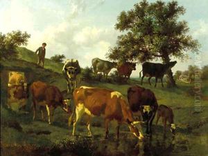 A hilly landscape with a herdsboy and cows drinking by a brook