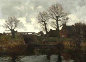 Landscape with a cottage and a fisherman on a canal by Laurent Van Der Windt