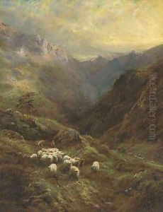 A shepherd with his flock in a Highland landscape