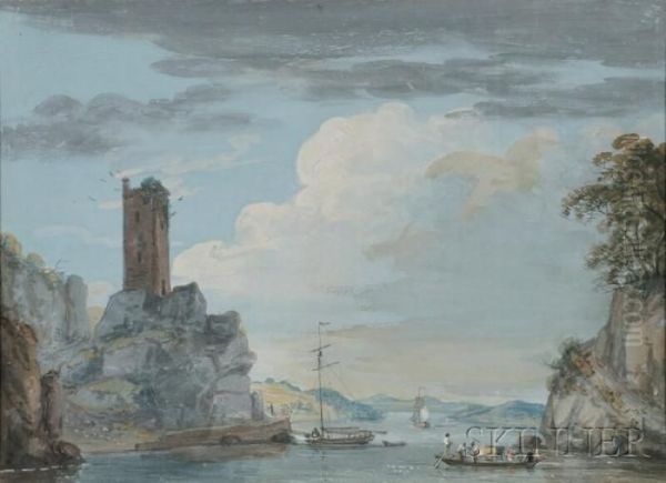 River Landscape With Ferry And Ruined Tower - view 1