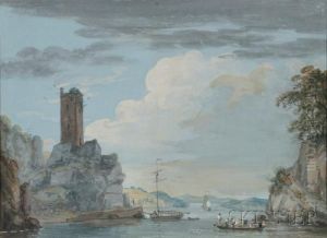 River Landscape With Ferry And Ruined Tower
