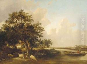 Figures in a punt with sheep watering in a wooded landscape by Edward Charles Williams